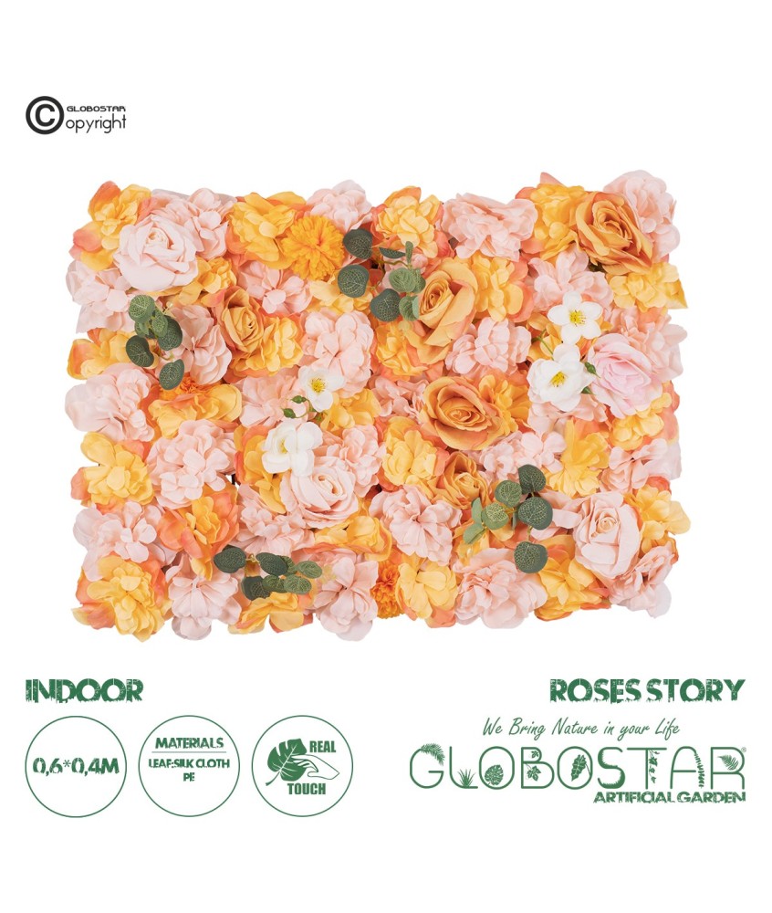 GloboStar® Artificial Garden ROSES STORY ORANGE 78333 Τεχνητό Διακοσμητικό Πάνελ Λουλουδιών - Κάθετος Κήπος σύνθεση Αμβροσία Μ60 x Π40 x Υ6cm